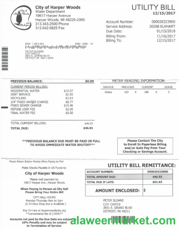 USA CITY OF HARPER WOODS utility bill Word and PDF template